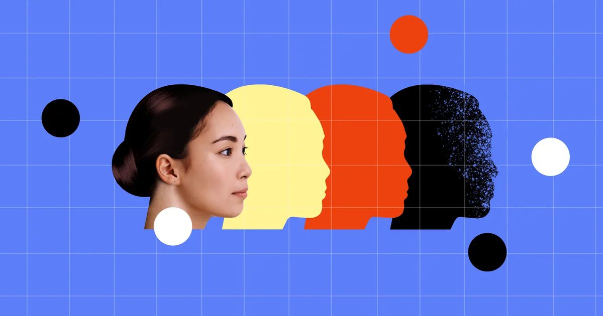 Illustration of a woman’s profile followed by three coloured silhouettes, the last one dissolving into pixels
